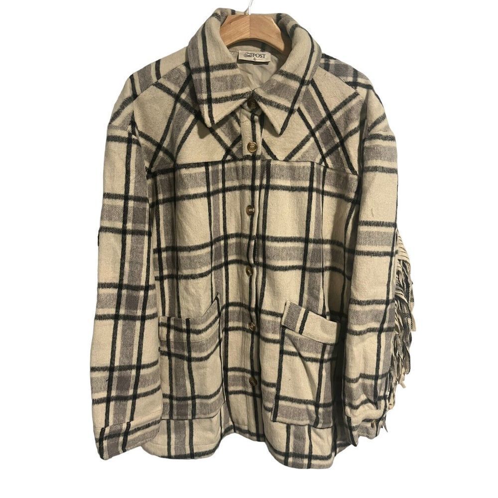 The Post Shacket Womens Plaid Fringed Flannel Jacket Large